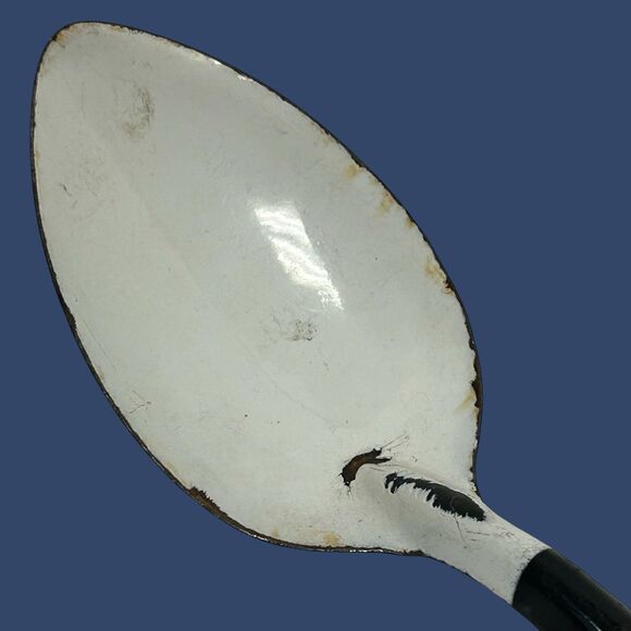 Vintage Metal Enamelware 12”Large Serving Spoon White With Black Handle - Picture 10 of 11
